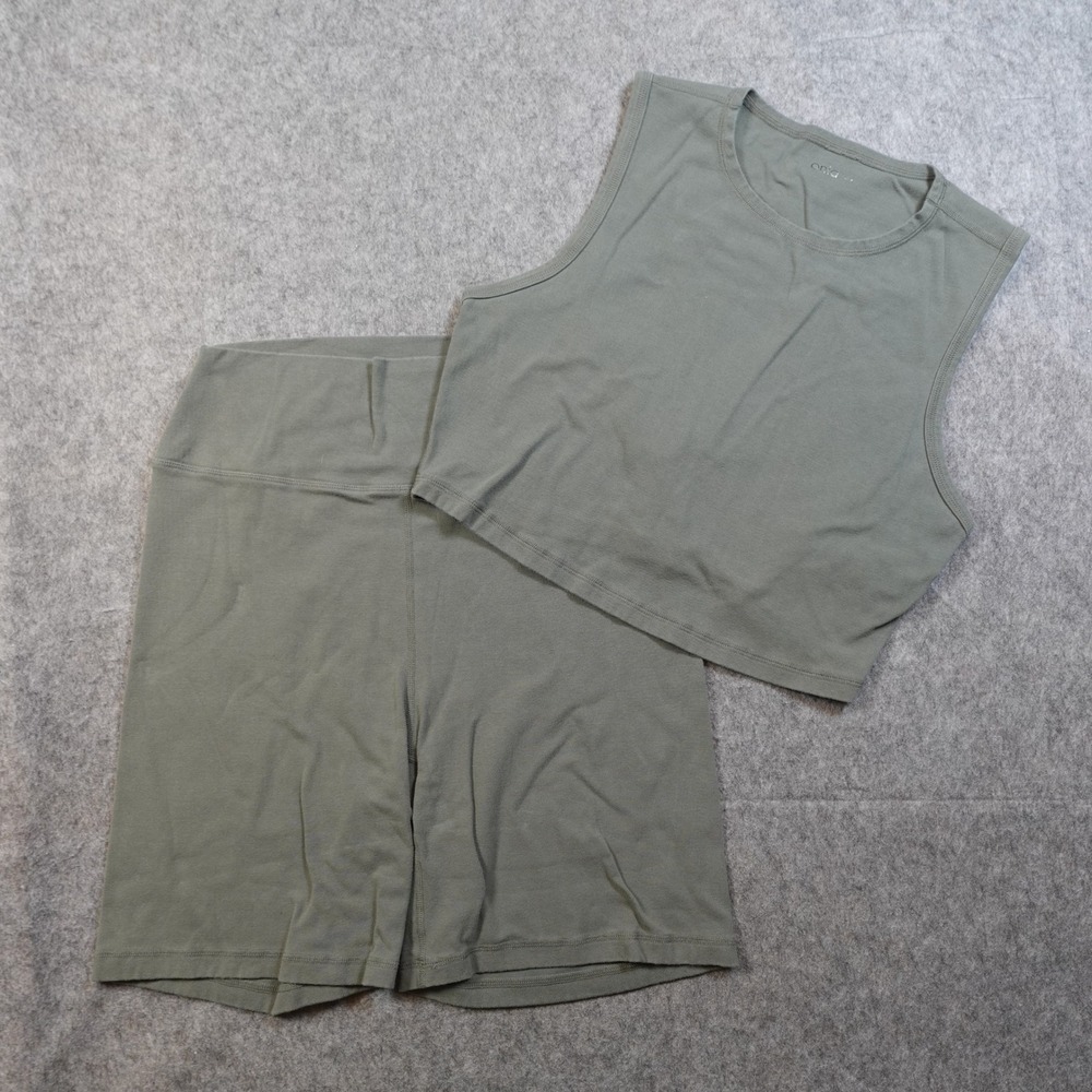 Onia Workout Set Large Green Biker Short Crop Top Sleeveless Athleisure Gym